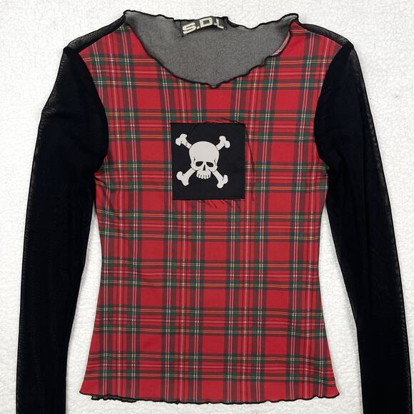 Vintage SDL Goth Mesh Plaid Skull Long Sleeve Blouse Top Euro Mall Goth Y2K Rare - Picture 4 of 16